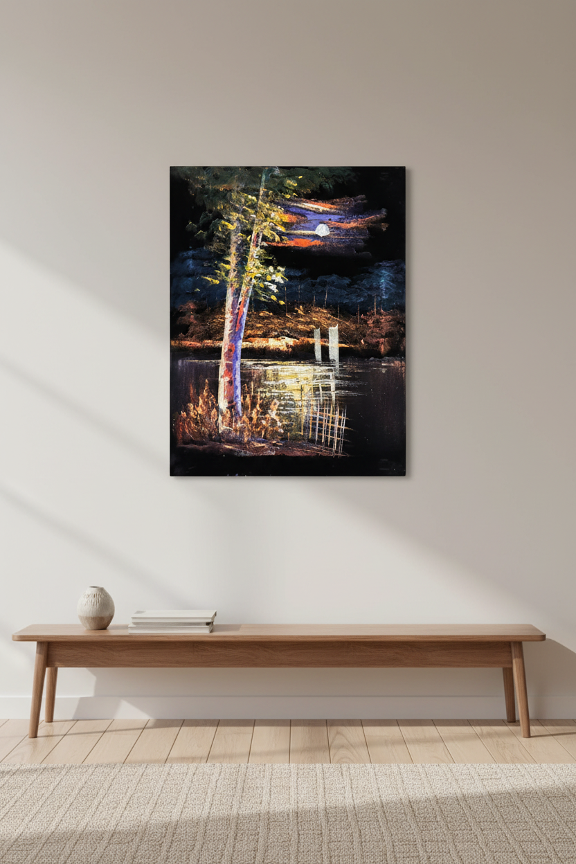 Moonlit forest lake night canvas art displayed in cozy elegant bedroom hallway lifestyle photo