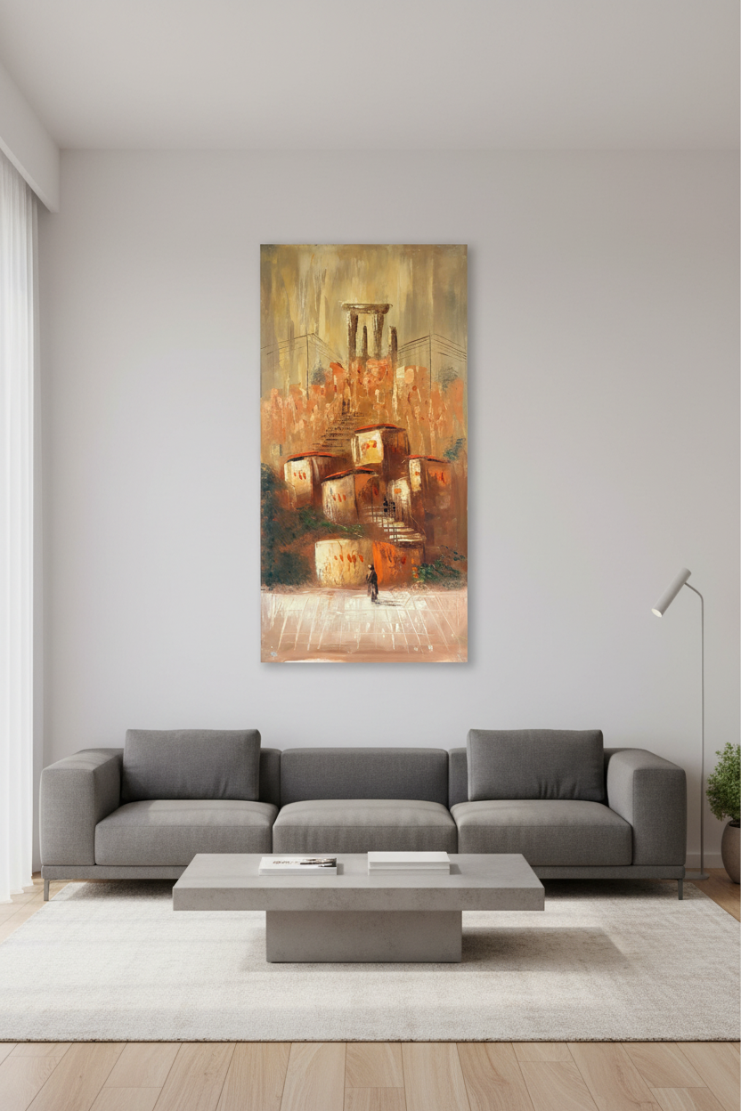 The Ascent oil painting on empty living room wall, no frame