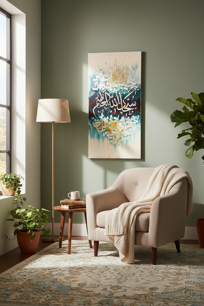SubhanAllah Islamic calligraphy canvas art in a cozy sitting area – lifestyle mockup