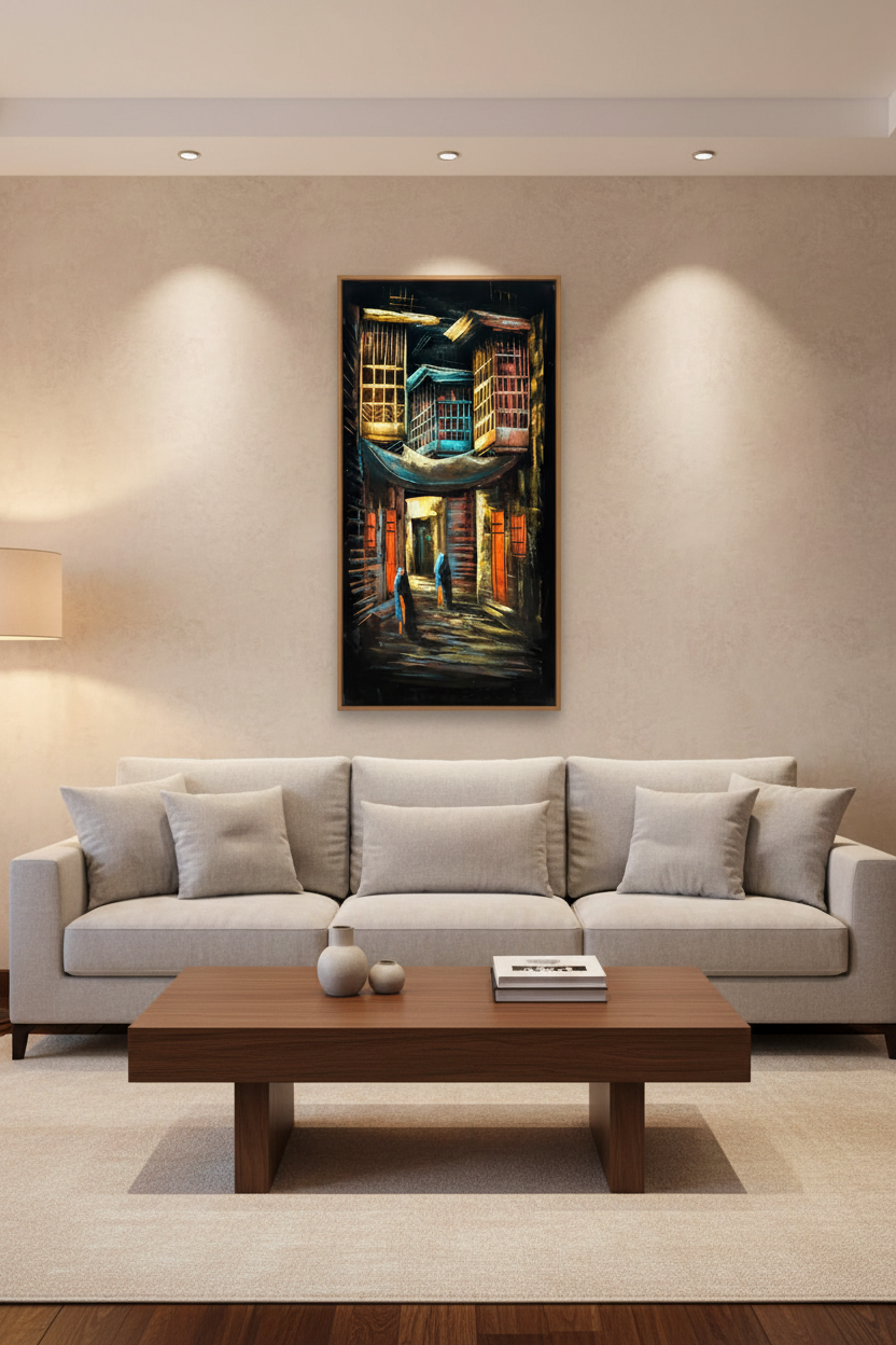 Crescent arch alley painting displayed as statement piece in luxury living room
