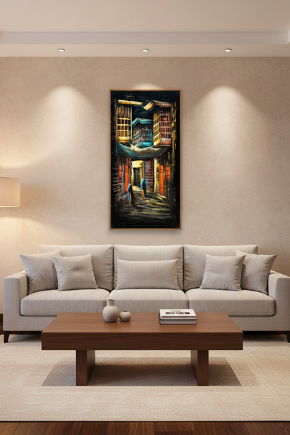 Crescent arch alley painting displayed as statement piece in luxury living room