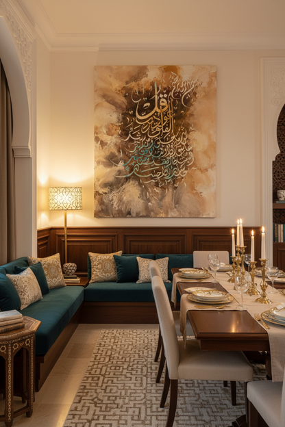 Frameless Arabic calligraphy canvas art displayed in sophisticated dining area