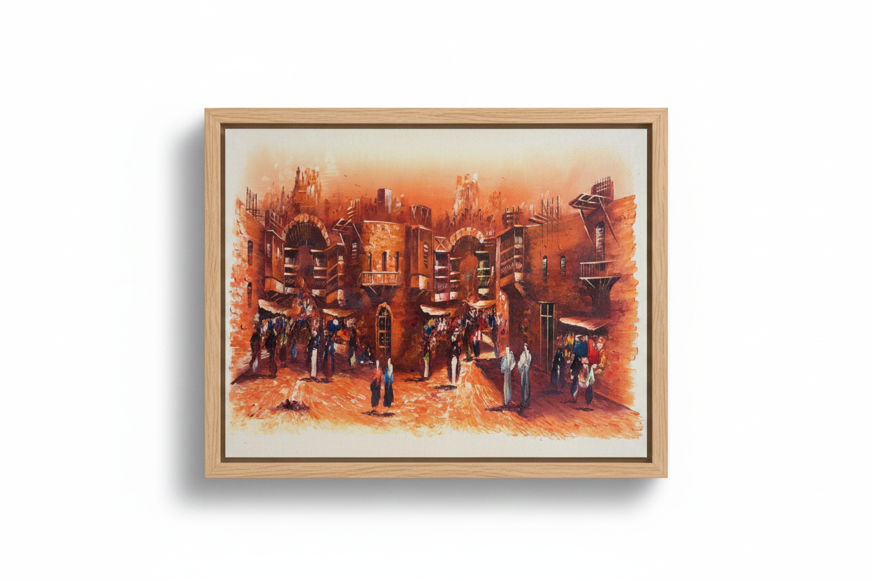 Middle Eastern bazaar oil painting on white background with shadow, no frame, canvas edges visible