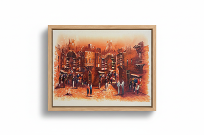 Middle Eastern bazaar oil painting on white background with shadow, no frame, canvas edges visible