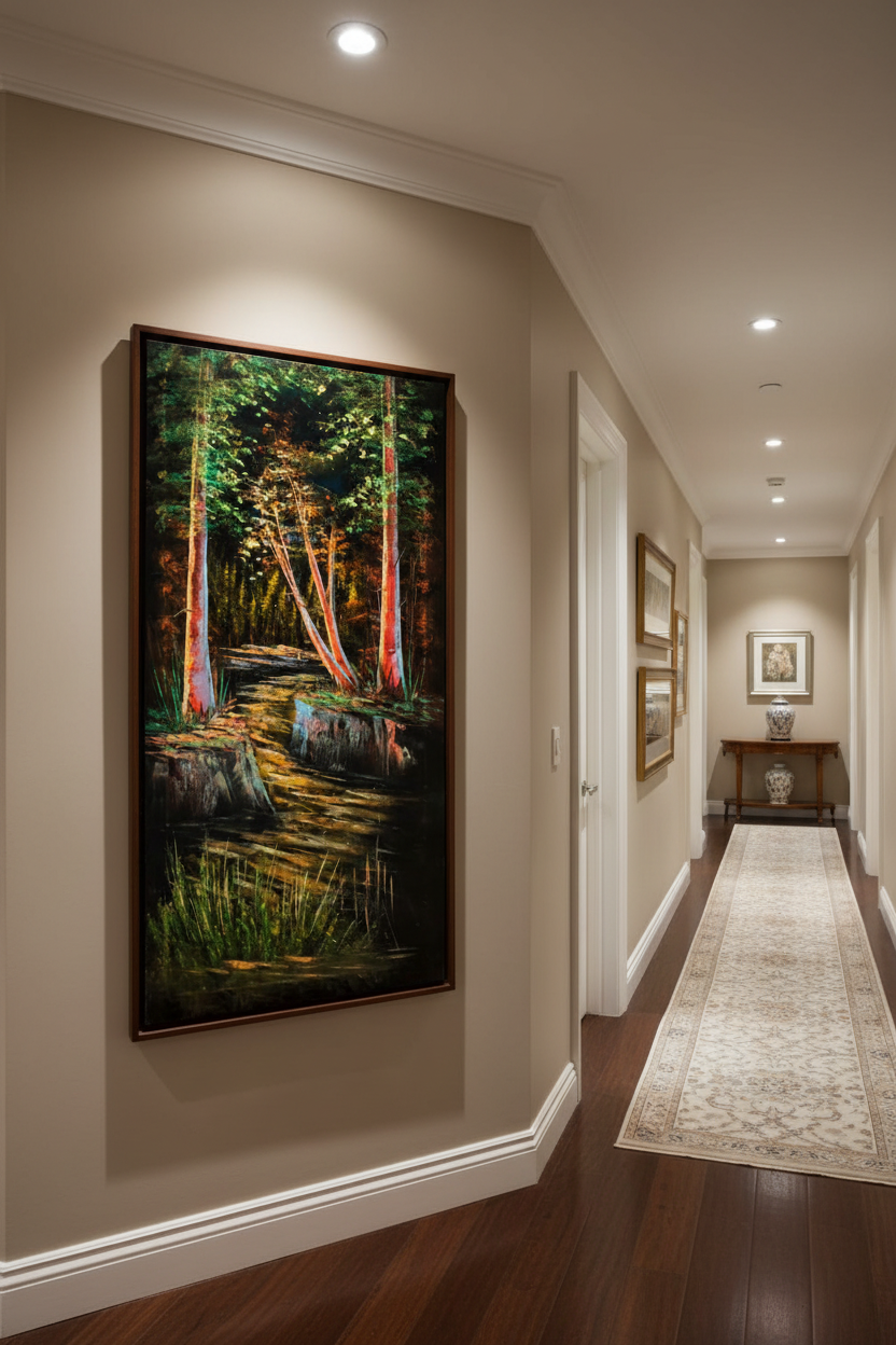 Enchanted forest painting displayed in elegant hallway interior