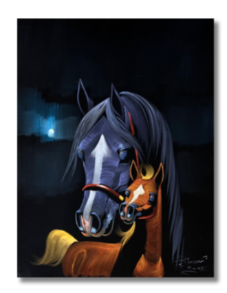 Arabian horses canvas wall art – majestic dark grey Arabian horse mother and golden brown foal against dramatic midnight blue background