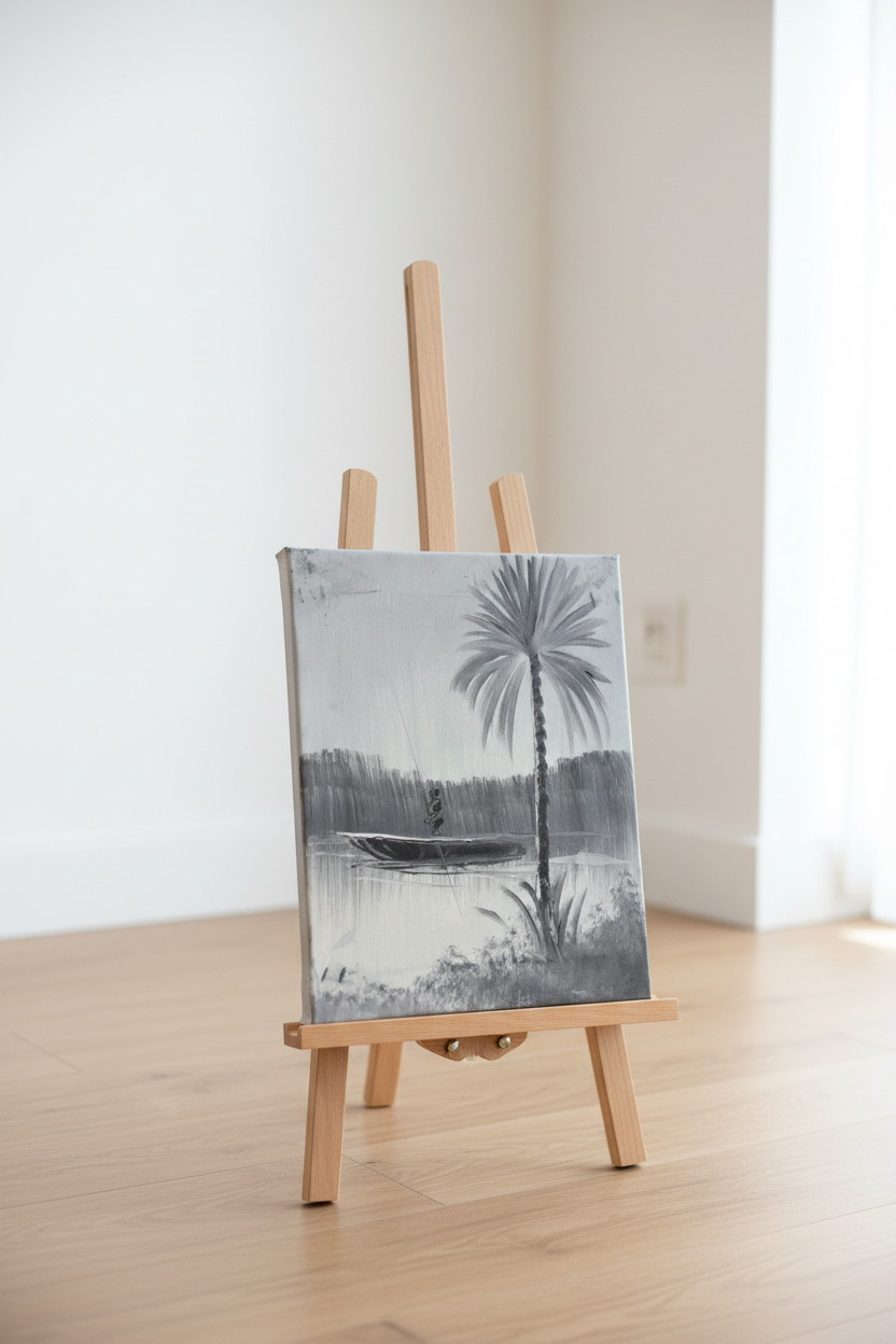 Original grey palm tree fisherman oil painting displayed on wooden easel stand in bright modern interior