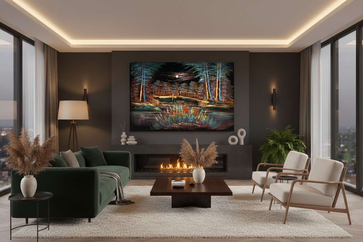 Moonlit forest bridge canvas art in elegant luxury living room — lifestyle interior mockup
