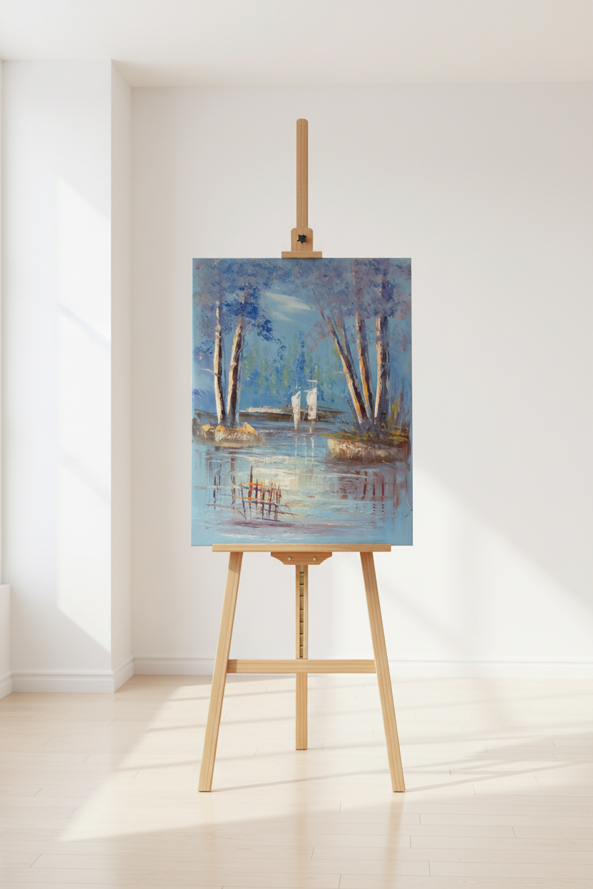 Moonlit riverside painting displayed on wooden easel stand in minimalist studio