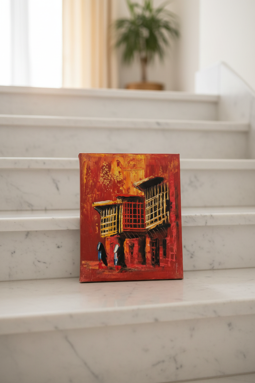 Original red shanasheel impasto oil painting leaning on marble staircase step in luxury home interior