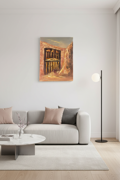 Petra Treasury painting hung on empty white wall in minimalist living room