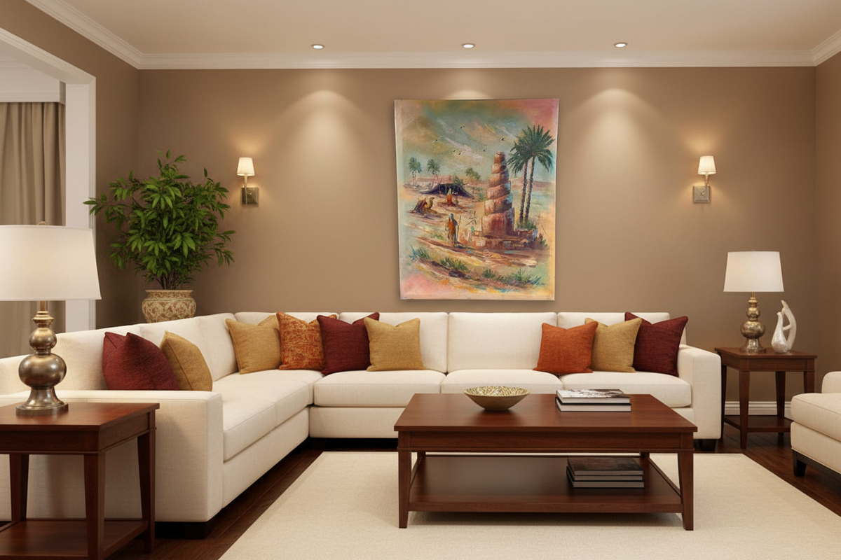 Ancient Desert Minaret painting displayed in family room lifestyle setting