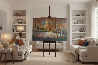 Original oil painting Mountain Retreat displayed on a wooden easel stand in a cozy family living room