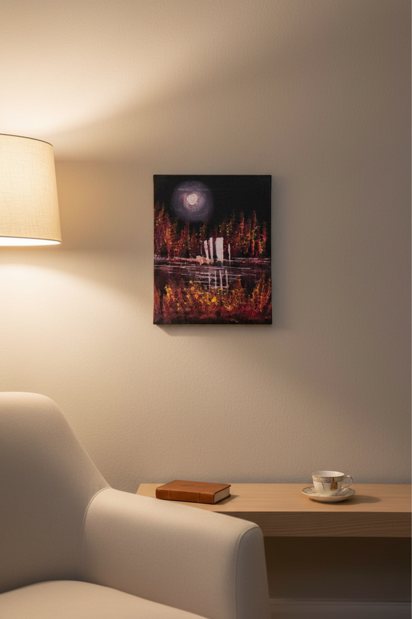 Purple moon autumn forest lakeside night canvas art displayed in small cozy room lifestyle photo