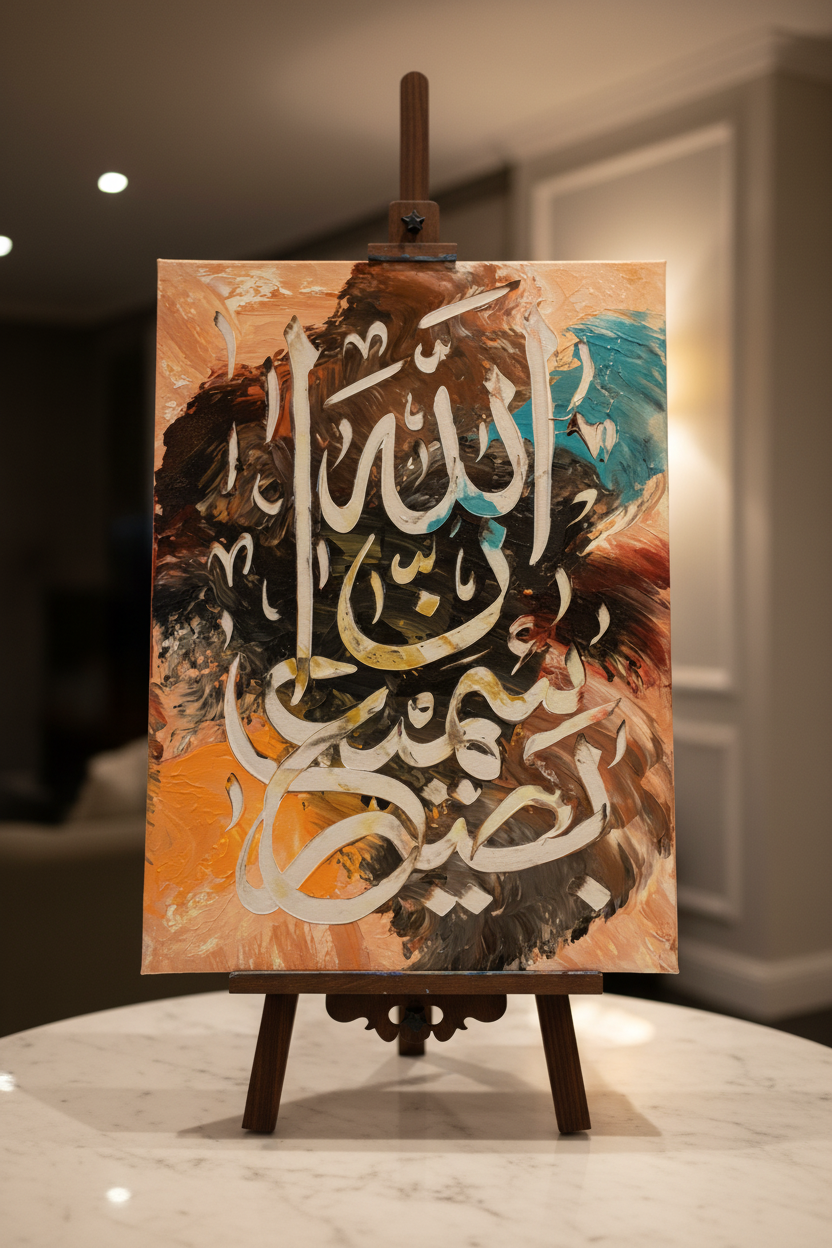 Allah Arabic calligraphy canvas art displayed on a wooden easel stand, portrait orientation 11.81 by 15.75 inches, no frame gallery wrap, luxury home decor