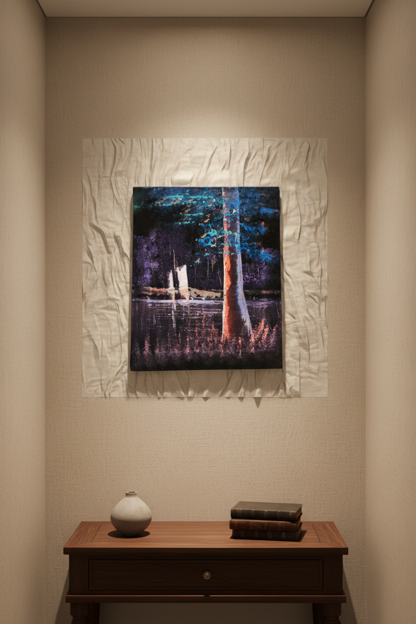 Dark forest night glowing tree canvas art displayed in small cozy room lifestyle photo