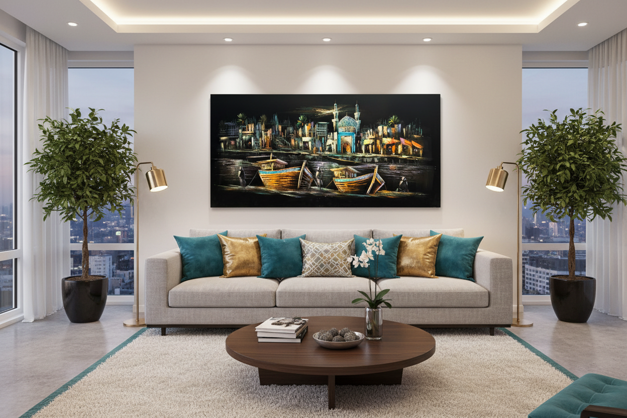 Middle Eastern harbor night scene with dhow boats canvas wall art displayed in modern living room above sofa
