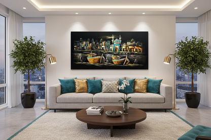 Middle Eastern harbor night scene with dhow boats canvas wall art displayed in modern living room above sofa