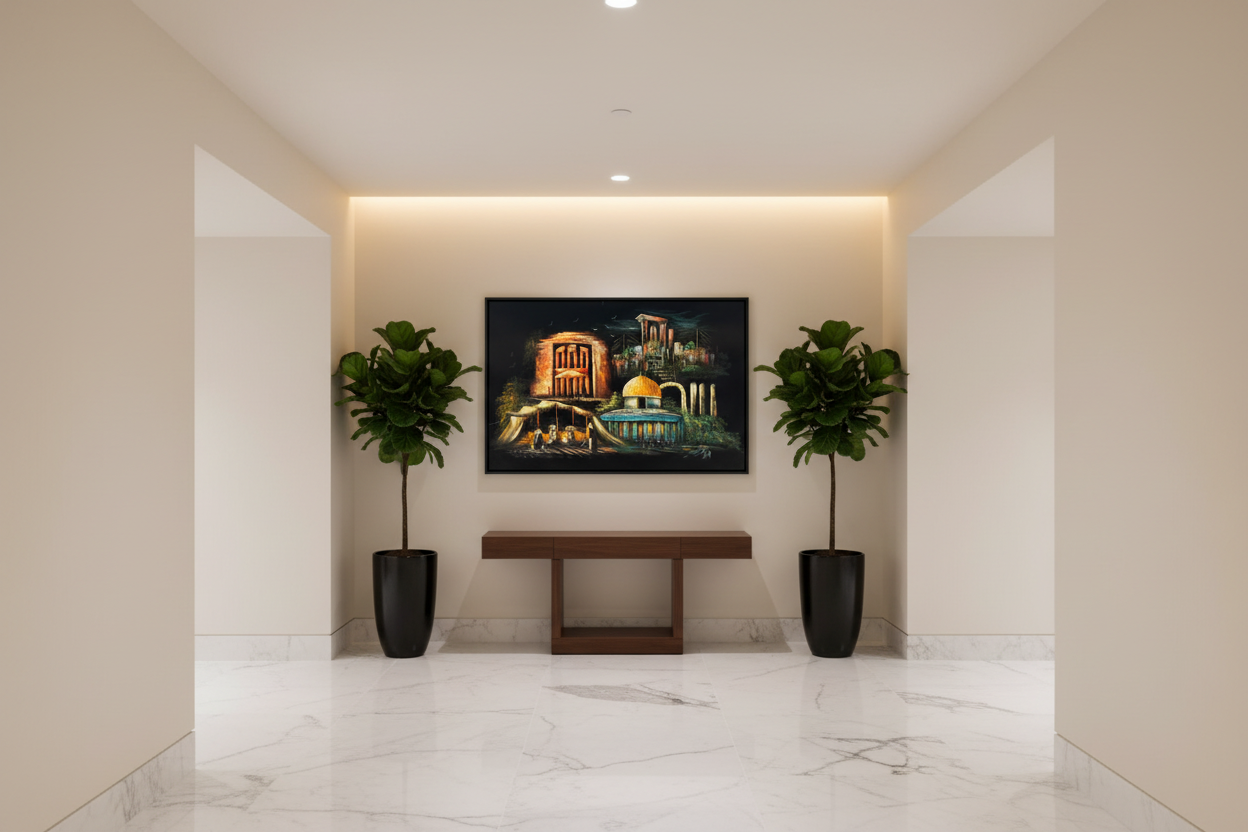Heritage landmarks collage canvas art in upscale hallway — lifestyle interior mockup