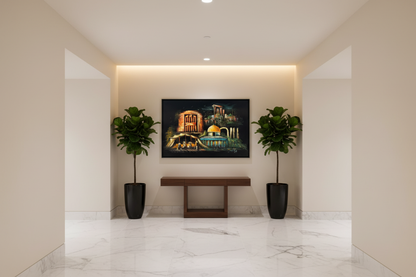 Heritage landmarks collage canvas art in upscale hallway — lifestyle interior mockup