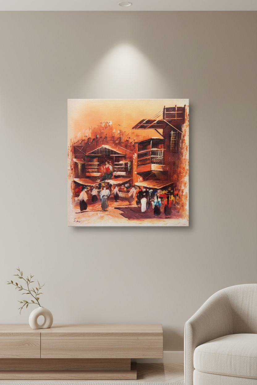 Arabian old city marketplace heritage canvas art displayed in elegant room lifestyle photo
