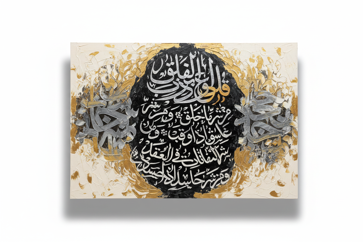 Surah Al-Falaq silver and white calligraphy canvas art on white background with shadow, no frame, product shot