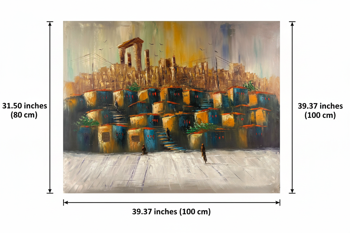 Dimension diagram showing 39.37 inches width and 31.50 inches height for the City of Gold original oil painting