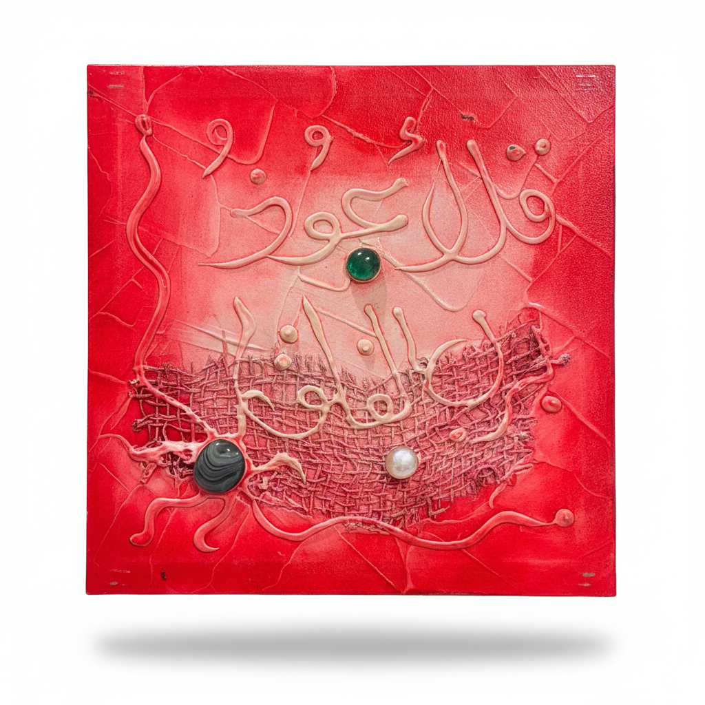 Islamic calligraphy crimson red wall art on white background with shadow