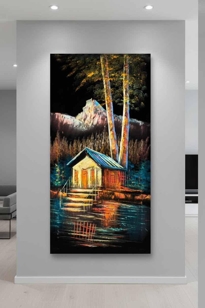 Mountain Boathouse painting displayed in modern hallway interior setting
