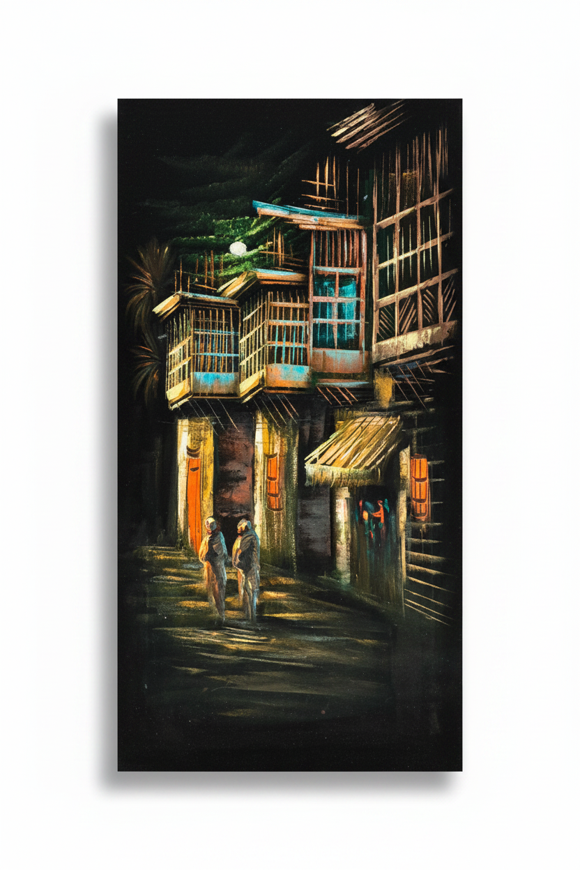 Original oil painting on white background with shadow – bamboo street nocturnal heritage scene