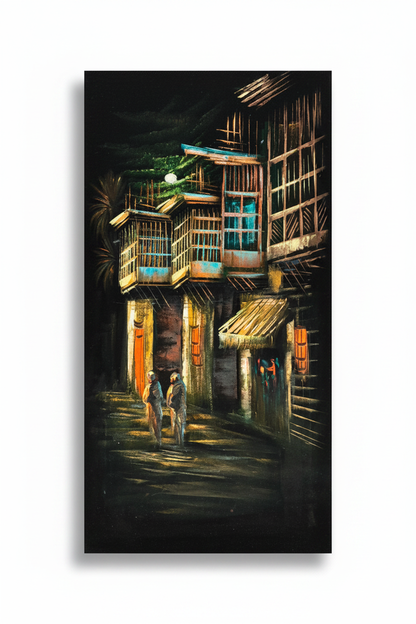 Original oil painting on white background with shadow – bamboo street nocturnal heritage scene