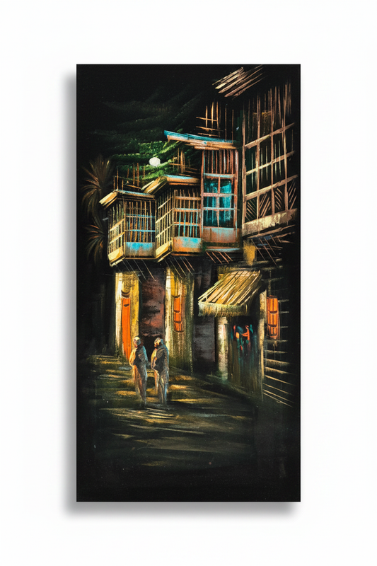 Original oil painting on white background with shadow – bamboo street nocturnal heritage scene