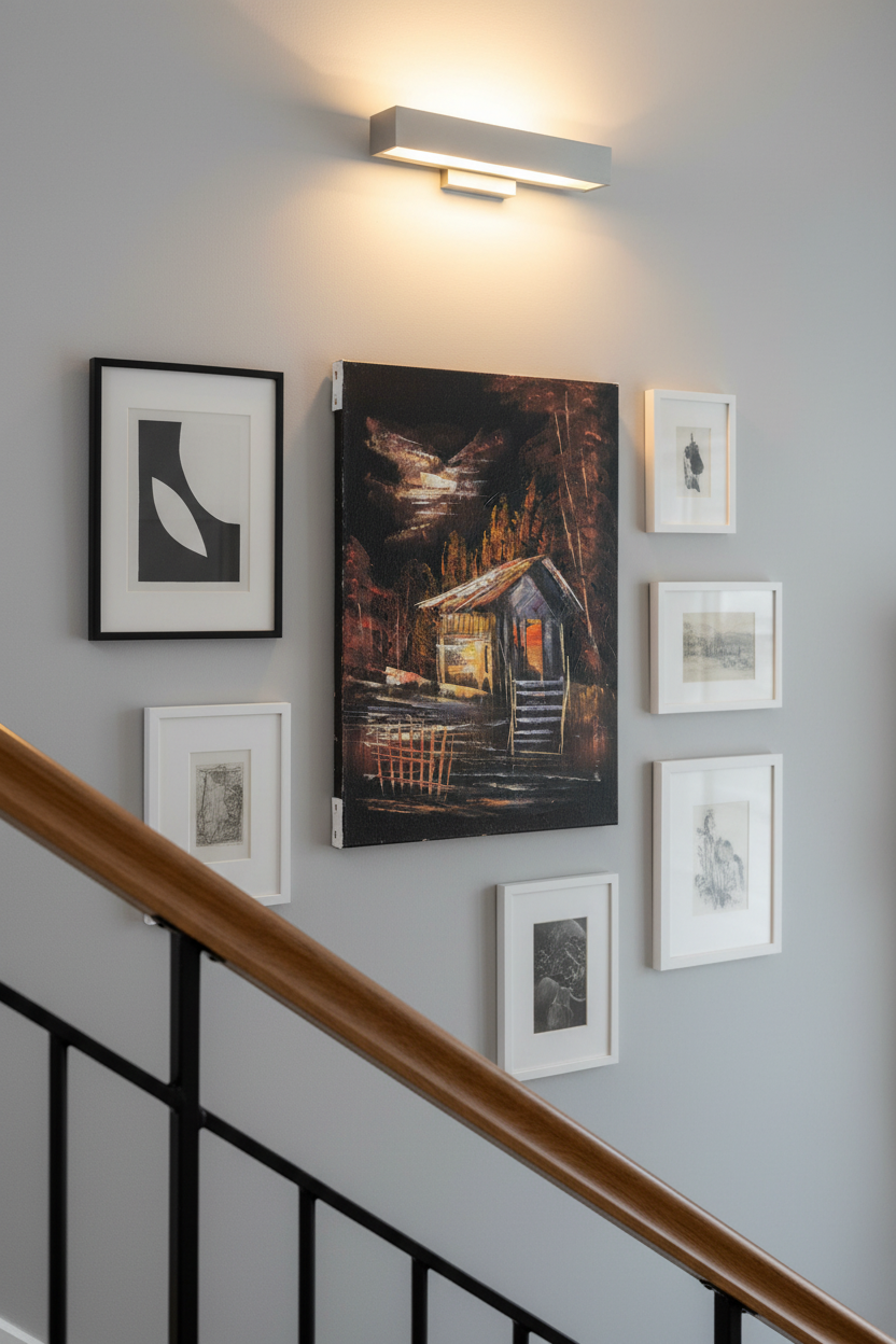 Rustic woodland cabin night canvas art displayed on staircase gallery wall in modern home lifestyle photo