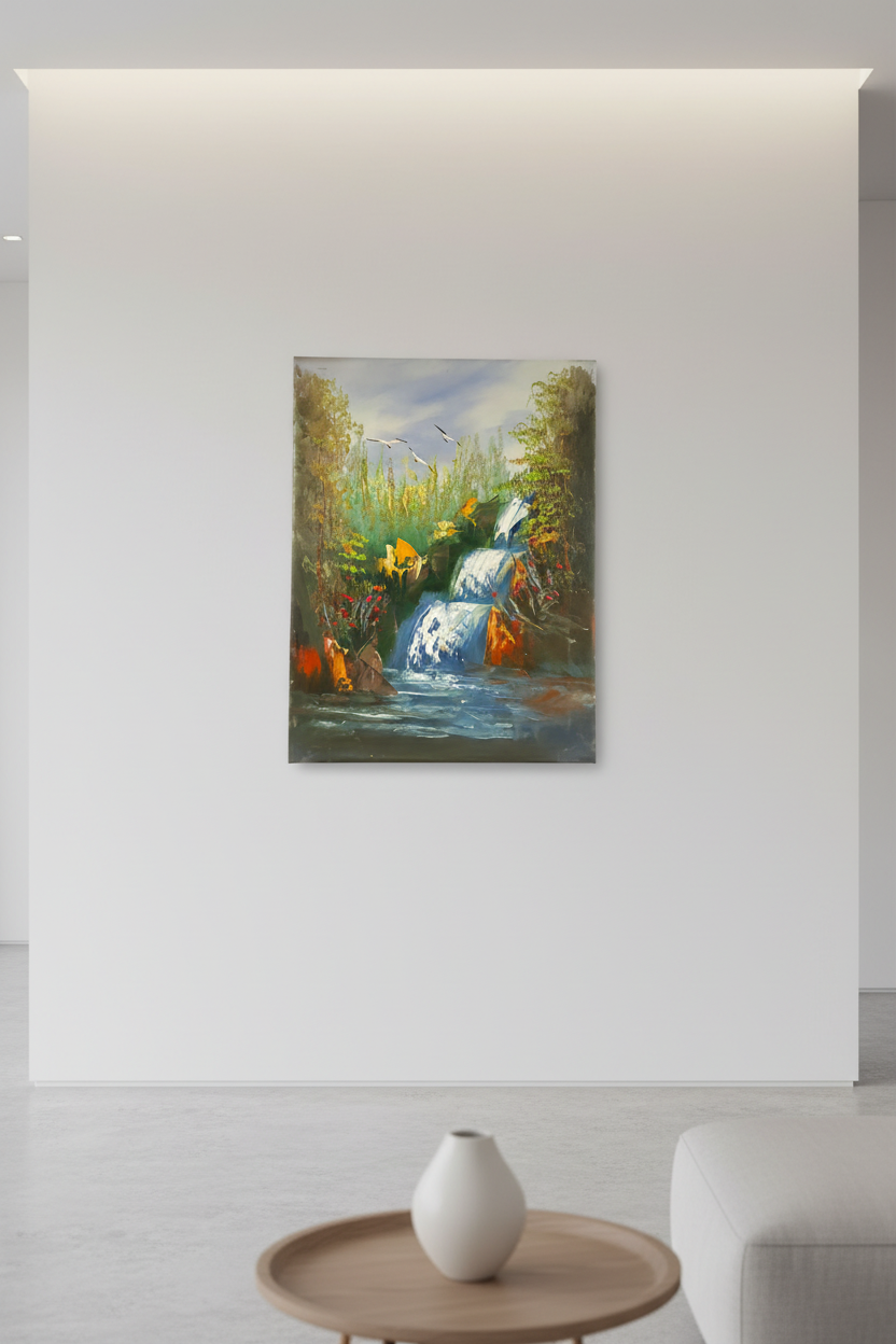 Waterfall painting hung on empty white wall in minimalist living room