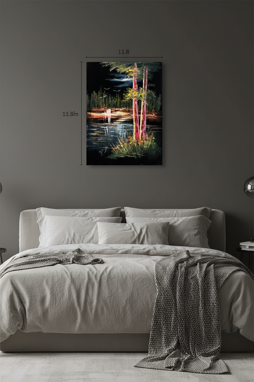 Birch Trees by the Lake at Night oil painting on charcoal grey wall in modern bedroom — no frame, soft moody lifestyle art photography