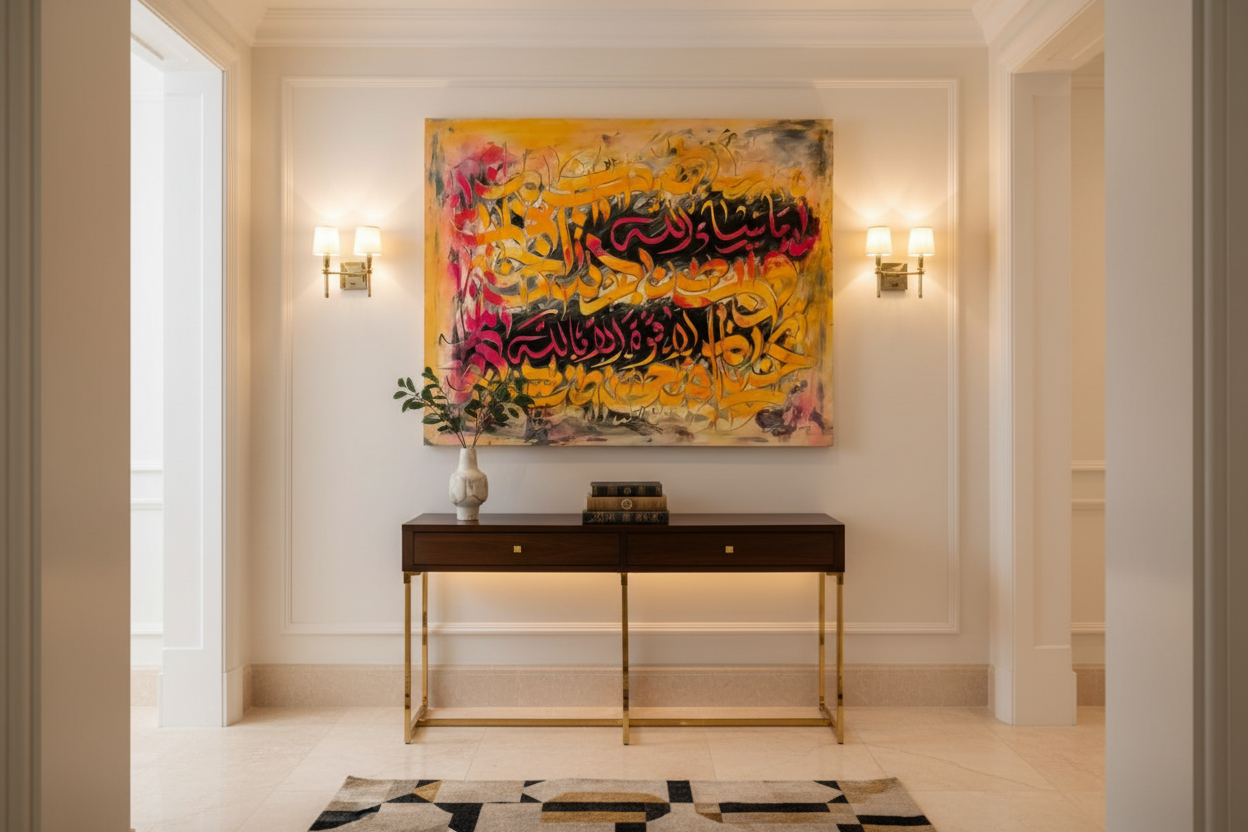 Vibrant Arabic calligraphy canvas art displayed in elegant hallway