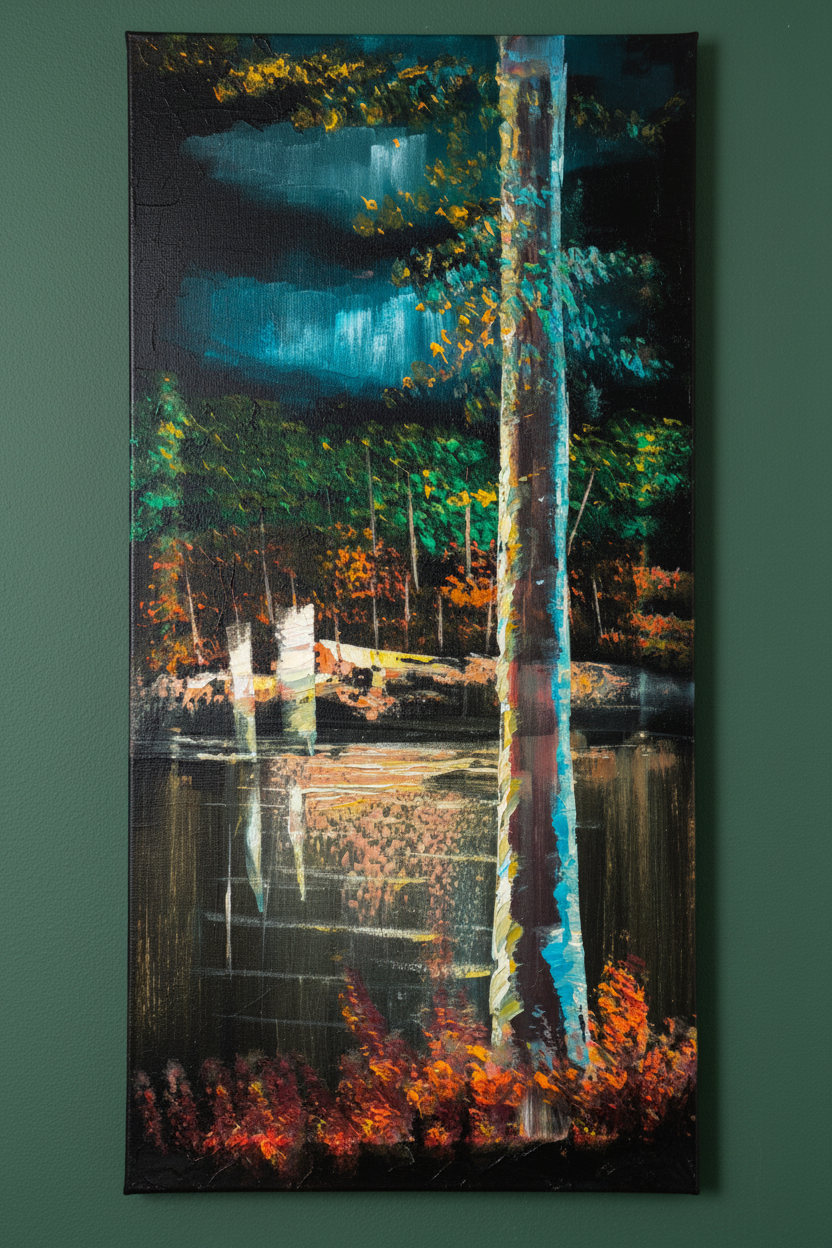 Forest Reflections painting displayed on deep forest green wall