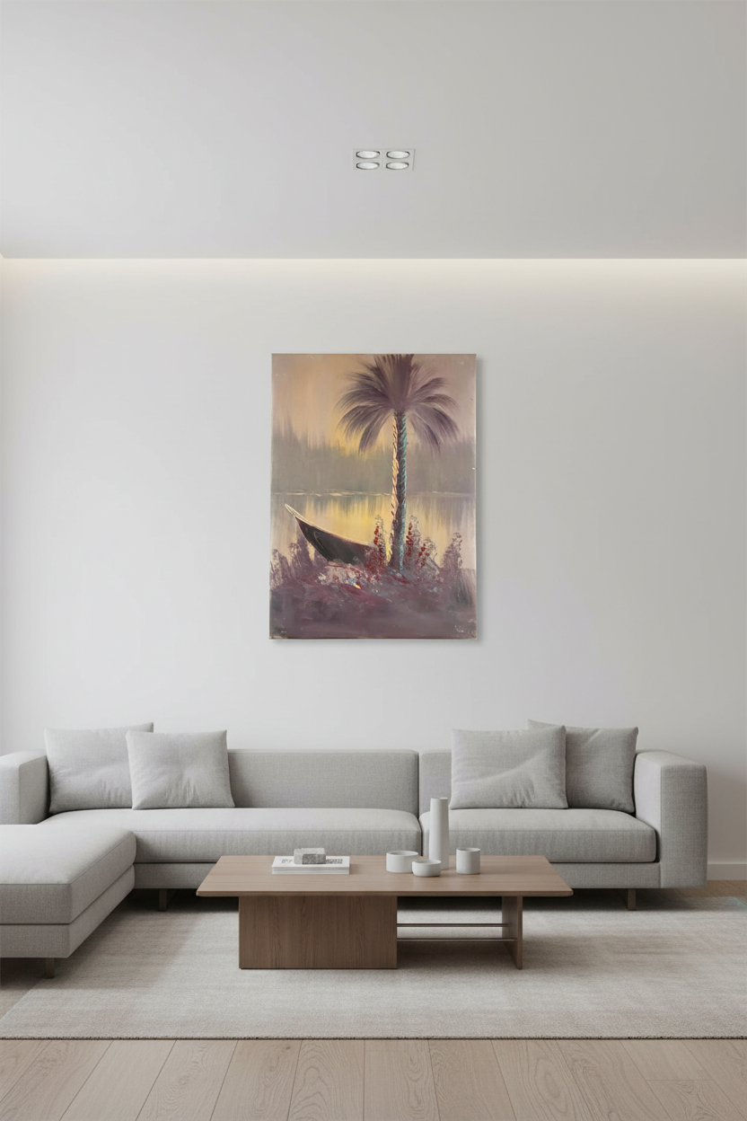 Tropical palm tree painting hung on empty white wall in minimalist living room