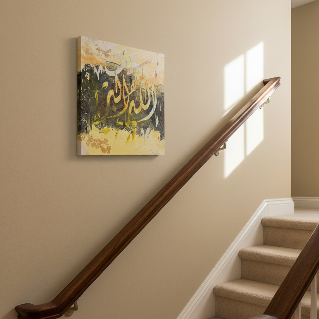 Allahu Akbar sandy gold calligraphy canvas hung on a staircase wall at realistic scale