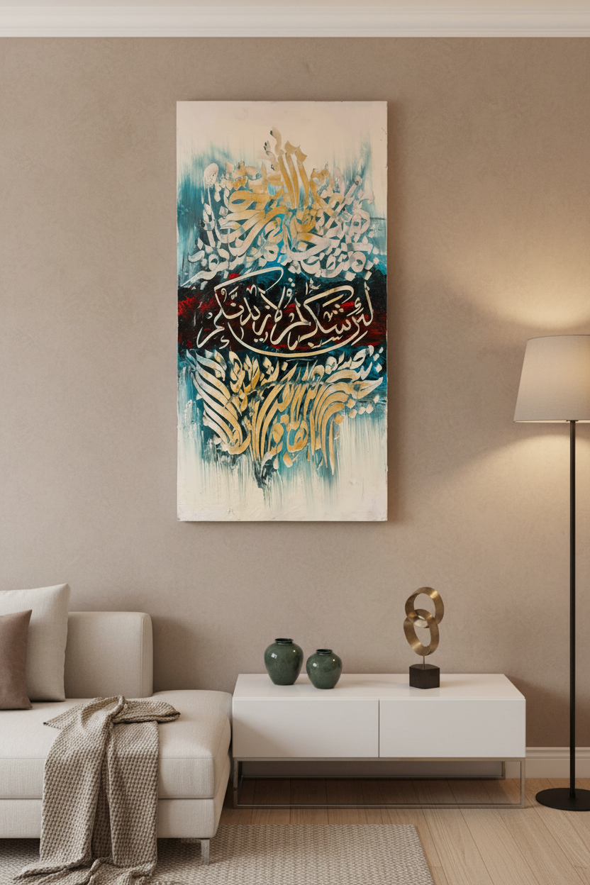 Islamic calligraphy canvas art displayed in a luxury living room – lifestyle mockup, no frame