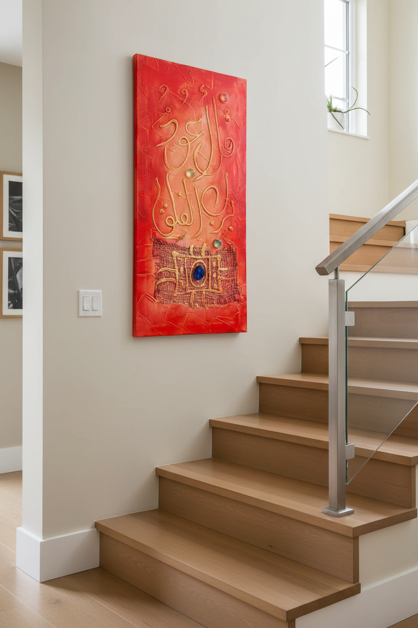 Islamic calligraphy red-orange canvas on staircase wall