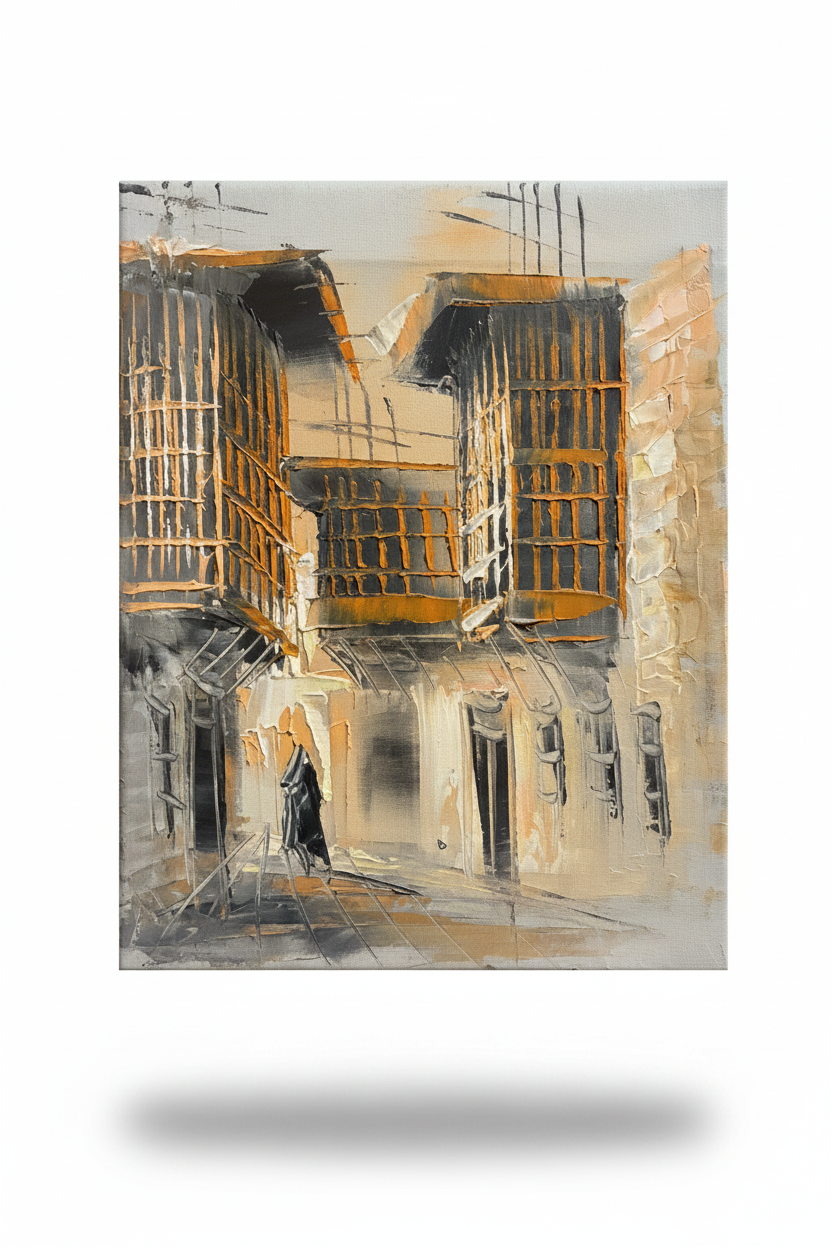 Golden balconies old town oil painting with transparent background and soft drop shadow – no frame