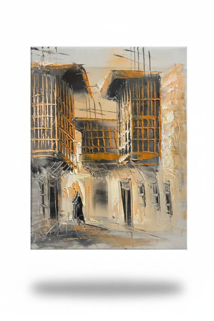 Golden balconies old town oil painting with transparent background and soft drop shadow – no frame