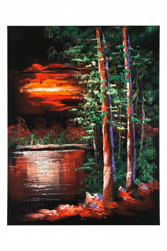 Fiery Sunset Forest by the Lake oil painting isolated on pure white background — clean studio product shot, no frame, portrait canvas