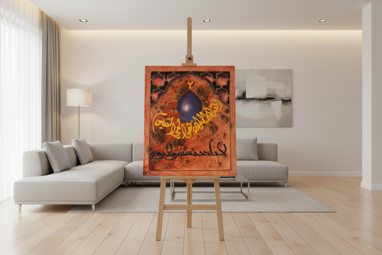 Allahumma Salli Ala Muhammad mosque dome calligraphy panel displayed on easel stand in modern living room