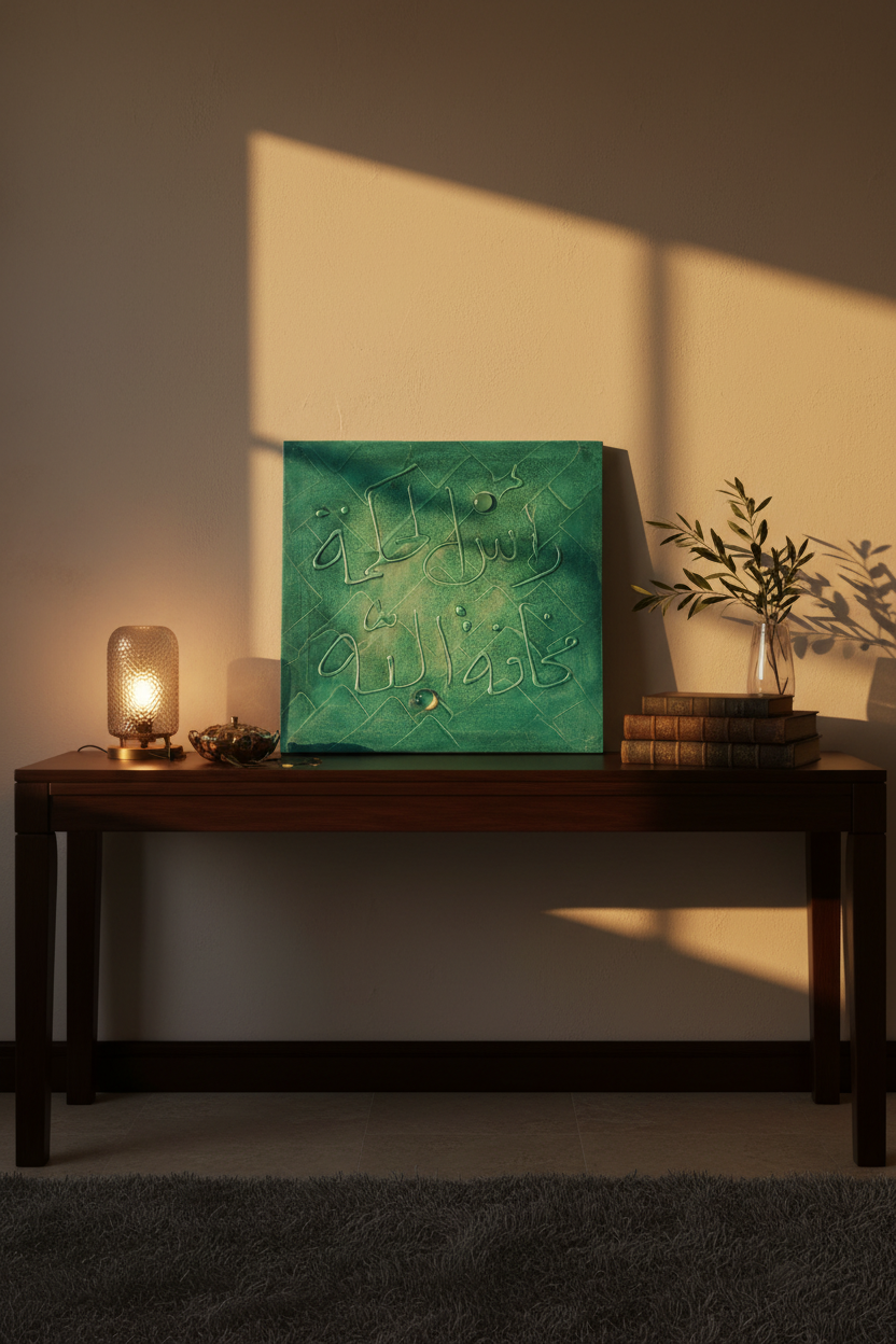 Islamic calligraphy teal quilted wall art displayed on wooden console stand