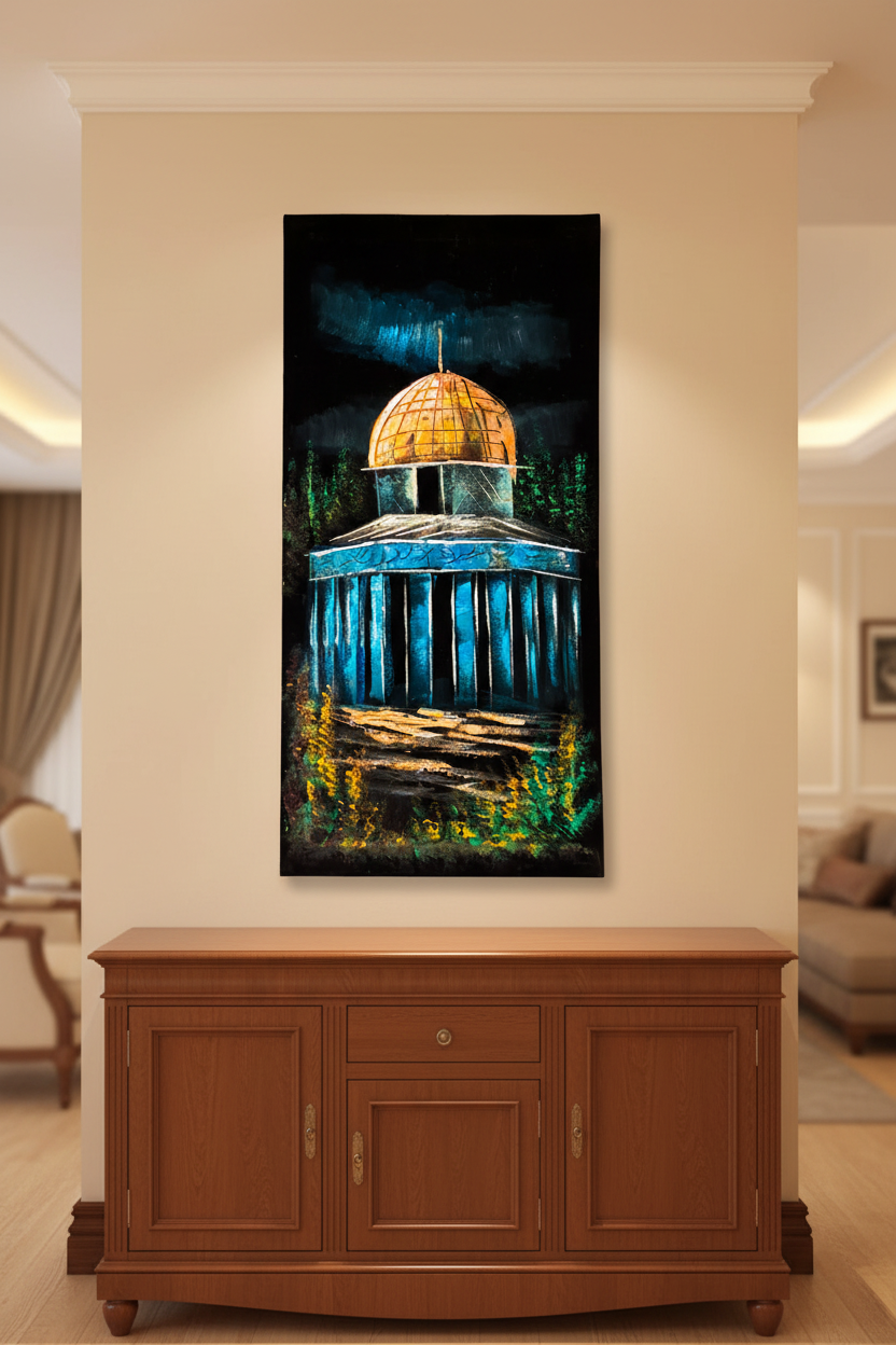 Dome of the Rock painting displayed in luxury living room area setting
