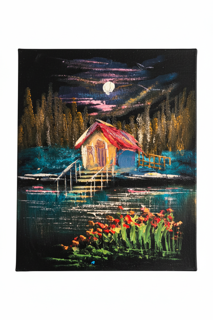 Moonlit lakeside cottage night nature canvas art on white background product photo