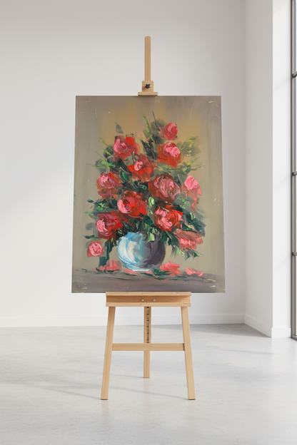 Rose bouquet painting displayed on wooden easel stand in minimalist studio