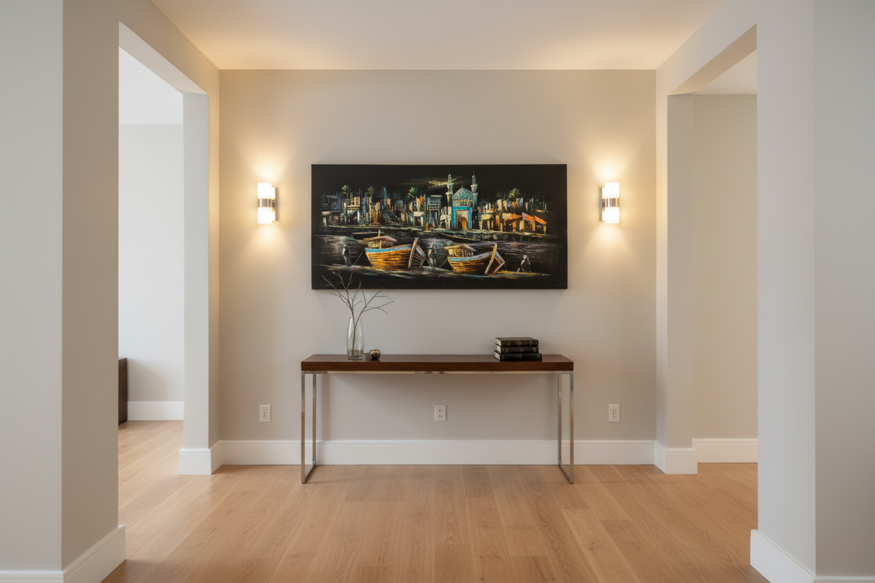 Middle Eastern harbor night scene with dhow boats canvas wall art displayed in elegant hallway